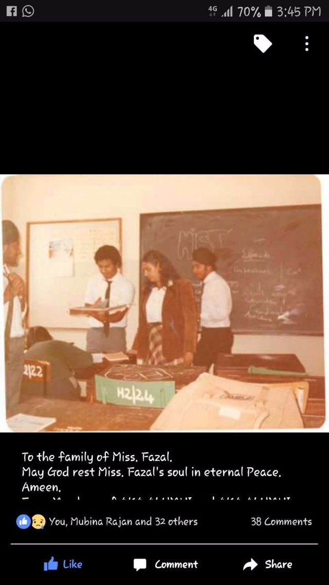 Miss Shamim Fazal was a dedicated, diligent and pains-taking History teacher who went out of her way to help her students with their assignments and projects. All her students loved her especially as she organised many fun activities and trips for them.
